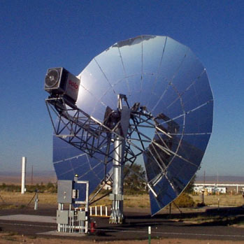 This Stirling engine is driven by a parabolic dish that collects and concentrates the sun into a heat source to run the engine and produce power.